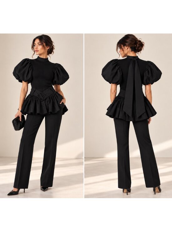 Rokh Tops - Rokh Belted Puff Sleeve Peplum Top Black FR 36 US 4 NWT